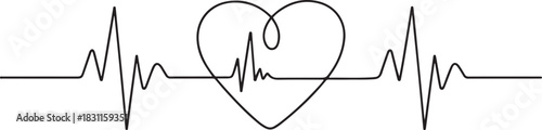 Continuous line drawing of heart with heartbeat. Pulse trace. Cardiogram icon. One line drawing. Single line art. one line Icon drawing