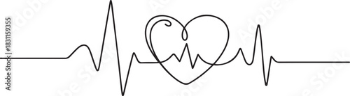Continuous line drawing of heart with heartbeat. Pulse trace. Cardiogram icon. One line drawing. Single line art. one line Icon drawing
