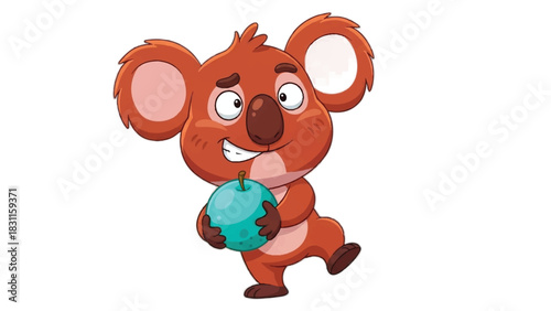 Cute Cartoon Koala Holding a Green Apple Adorable Animal Character Illustration.