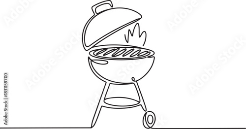 Continuous one line drawing of barbecue grill. barbecue grill. Set of continuous one line BBQ grill elements. one line Icon drawing