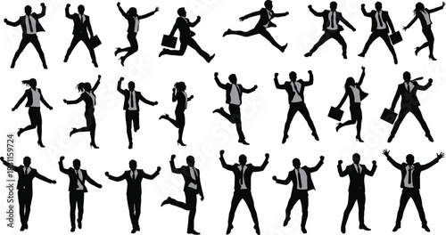Business people silhouettes, jumping success poses, corporate celebration, teamwork achievement, career growth, motivation, leadership energy, professional enthusiasm