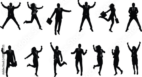 Business people silhouettes, jumping success poses, corporate celebration, teamwork achievement, career growth, motivation, leadership energy, professional triumph