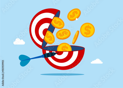 Target and dart with Golden Coins beside half of a open target board. Concentrate on purpose. Vector flat illustration. 