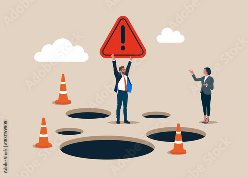 Businessman with exclamation attention sign in hands pass many pitfalls to achieve message business success. Brave to jump pass incident management, root cause analysis or solving problem.