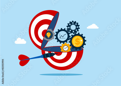 Target and dart with machine gear in half of a open target board. Concentrate on purpose. Business financial system maintenance. Vector flat illustration. 