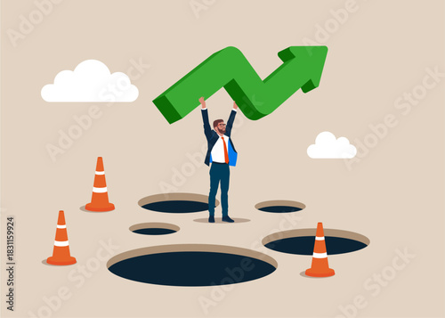 Entrepreneur green arrow up in hands pass many pitfalls to achieve business success. Brave to jump pass mistake or business failure, skill and creativity to solve problem. Vector illustration