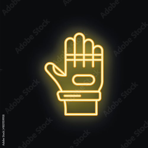 Yellow neon sign showing a hand wearing a protective glove with its palm open on a black background