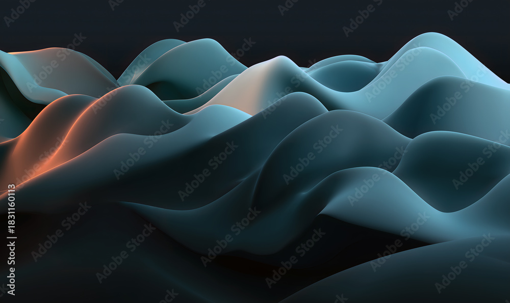 Obraz premium Abstract undulating waves in teal and blue-grey with subtle warm highlights creating a serene and dynamic texture.