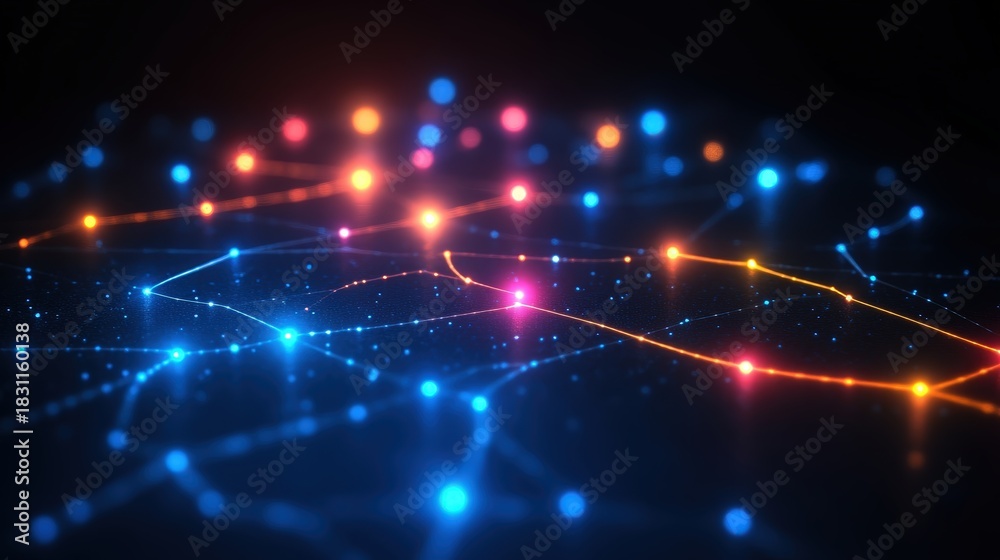 Obraz premium Glowing network of data points connecting in a dark abstract background for tech use