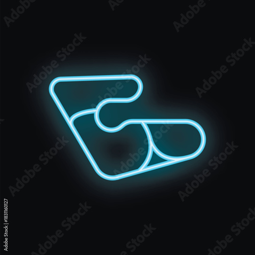 Blue neon icon of a ginger root glowing on black background
