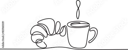 breakfast with croissant and coffee drawn in one line style, One continuous line drawing, Bakery symbol art drawing. one line Icon drawing