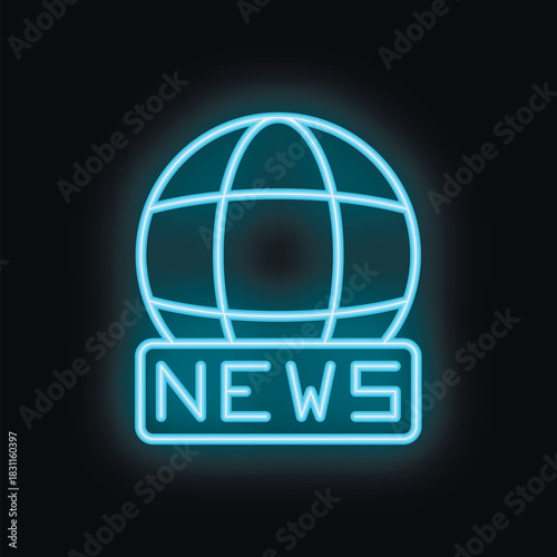 Blue neon sign depicting a globe with news text, symbolizing global news updates and information dissemination