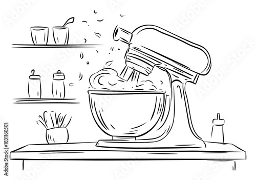 Stand Mixer on Kitchen Counter with Shelves – Monochrome Line Art Vector Illustration for Baking and Home Cooking Scenes