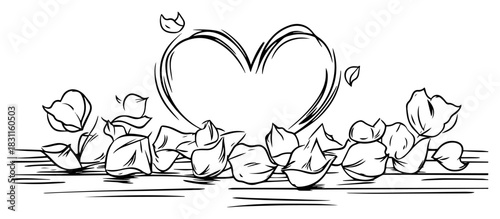 Romantic Heart Framed by Rose Petals – Elegant Monochrome Line Art Vector Illustration for Wedding and Valentine Designs