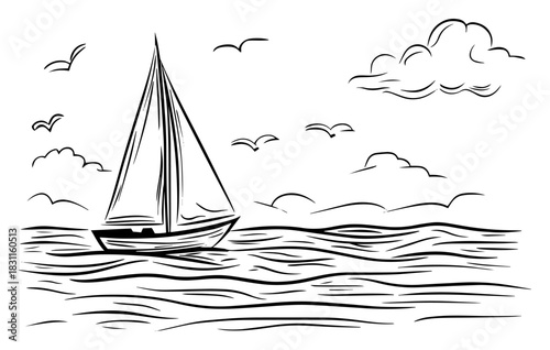 Single Sailboat Drifting on Calm Sea – Minimalist Monochrome Line Art Vector Nautical Scene Illustration