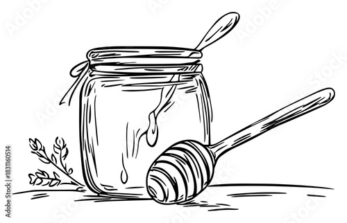 Jar of Honey with Wooden Dipper and Dripping Sweet Syrup – Monochrome Line Art Vector Food Illustration
