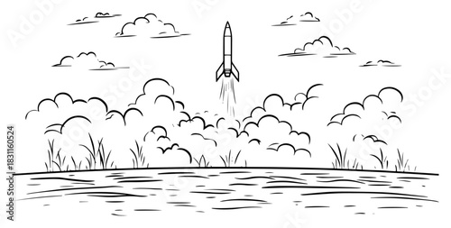 Rocket Ascending Through Clouds after Lift‑Off – Monochrome Line Art Vector Space Exploration Scene