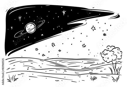 Ringed Planet and Glittering Starfield above Alien Landscape – Monochrome Line Art Vector Space Scene Illustration