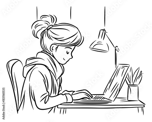 Focused Young Woman Typing on Laptop at Cozy Desk with Reading Lamp – Monochrome Line Art Vector Illustration of Remote Work or Study