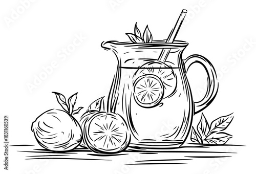 Pitcher of Homemade Lemonade with Fresh Citrus Slices and Mint – Monochrome Line Art Vector Refreshing Drink Illustration