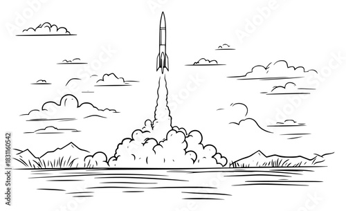 Space Rocket Launch Leaving Smoke Plume – Dramatic Monochrome Line Art Vector Illustration of Liftoff