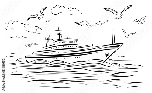 Luxury Motor Yacht Cruising on Sea with Seagulls – Monochrome Line Art Vector Boat Illustration for Travel and Marine Designs
