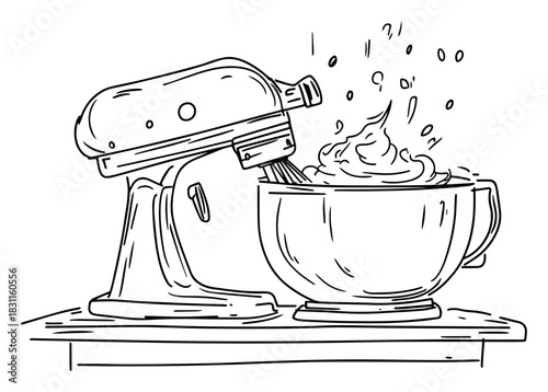 Electric Stand Mixer Whipping Cream in Bowl – Detailed Monochrome Line Art Vector Kitchen Appliance Illustration