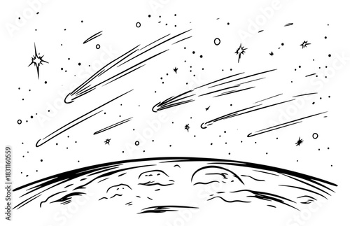 Meteor Shower over Planet Horizon – Dynamic Celestial Line Art Vector Illustration of Shooting Stars in Space