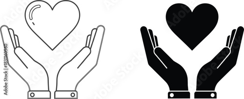 Vector Set of Hands Holding a Heart Symbolizing Charitable Giving, Medical Care, Love, and Community Support Initiatives.