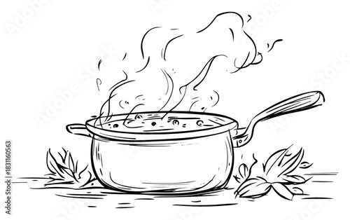 Steaming Pot of Homemade Soup on Stove with Herbs – Monochrome Line Art Vector Cooking Illustration