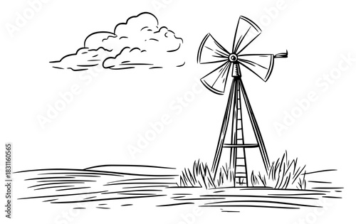Old‑Fashioned Windmill on Rural Field with Clouds – Monochrome Line Art Vector Countryside Landscape Illustration