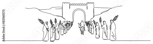 Palm Sunday Procession Welcoming Jesus into Jerusalem – Minimalist Line Art Vector Biblical Illustration