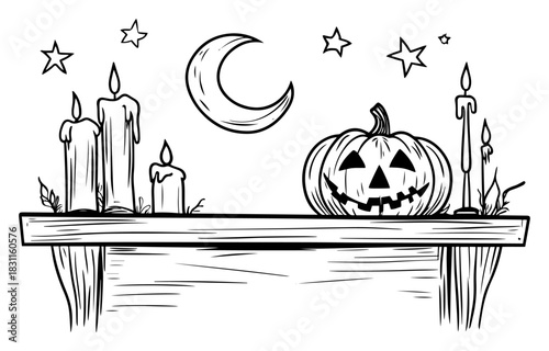 Halloween Shelf with Jack‑O’‑Lantern, Candles and Crescent Moon – Monochrome Line Art Vector Spooky Decor Illustration