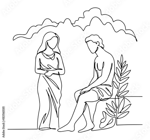 Biblical Scene of Adam and Eve with Olive Branch – Minimalist One‑Line Art Vector Religious Illustration