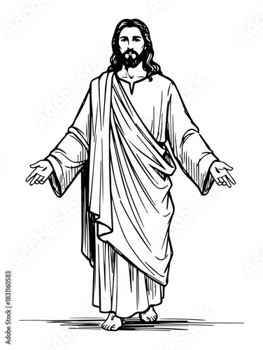 Standing Jesus Christ with Open Arms – Detailed Monochrome Line Art Vector Religious Illustration of Compassion and Blessing