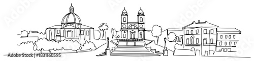 Panoramic European Cityscape with Cathedral and Historic Buildings – Monochrome Line Art Vector Urban Illustration