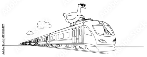 Modern High‑Speed Passenger Train with Bird Perched on Roof – Monochrome Line Art Vector Rail Transport Illustration