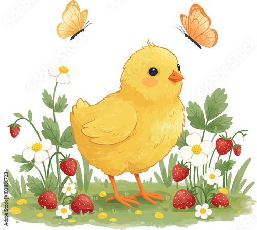 Adorable yellow chick standing in a field of strawberries and wildflowers with butterflies flying above