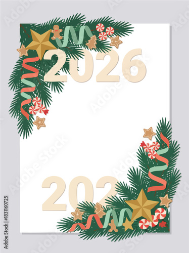 Festive New Year 2026 decorative frame with pine branches, ribbons, stars, candy elements and gingerbread ornaments placed around the white central space