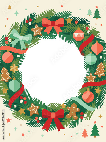 A festive Christmas wreath decorated with bows, ornaments, cookies, stars, and evergreen branches forming a bright circular frame with an empty center