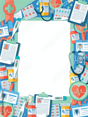 A vibrant medical-themed frame filled with healthcare tools, documents, prescriptions, stethoscopes, and diagnostic items surrounding a clean white central space