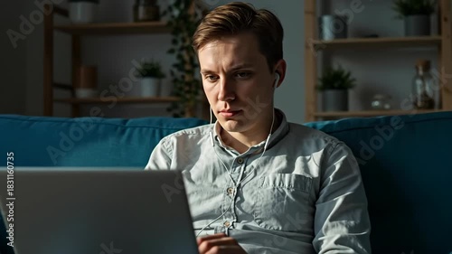Focused young man working on a laptop while sitting on a sofa  