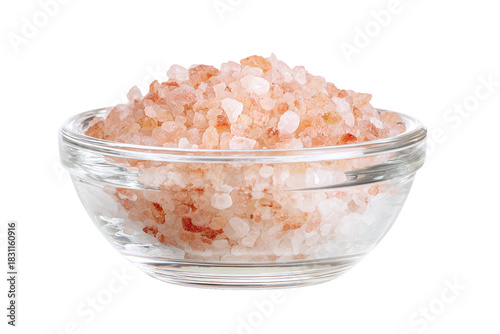 Himalayan pink salt in a glass bowl isolated on transparent background