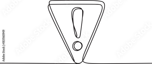 Minimalist one line drawing of exclamation mark in badge shape, modern continuous line art, simple black outline. one line Icon drawing