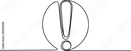 Minimalist one line drawing of exclamation mark in badge shape, modern continuous line art, simple black outline. one line Icon drawing