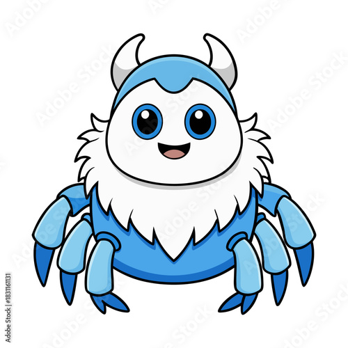 Cute blue Yeti crab monster cartoon drawing with funny big eyes