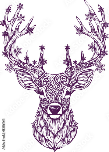 Ornate Purple Deer Head with Snowflakes and Intricate Swirls on White Background stag antlers