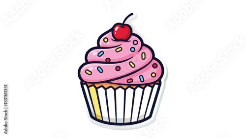 Delicious Pink Frosted Cupcake with Cherry and Sprinkles.