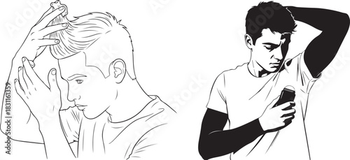 Monochromatic Graphic Illustrations of Men Applying Hair Product and Deodorant