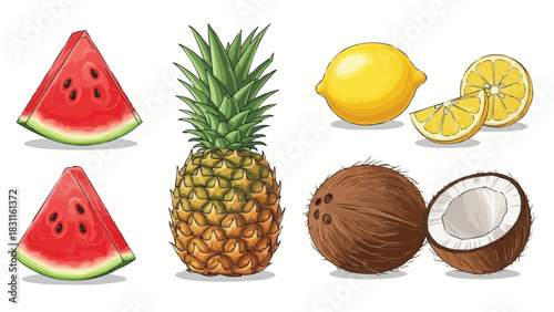 Illustration of two watermelon slices pineapple lemon and coconut with a white background image view